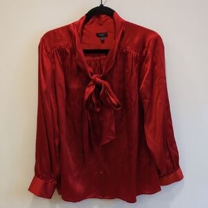 Pure Silk Talbots Red Tie Neck Blouse Academia Quiet Luxury Career EUC Size 14P